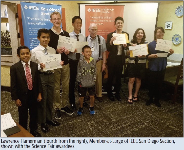 Lawrence Hamerman (fourth from the right), Member-at-Large of IEEE San Diego Section, shown with the Science Fair awardees..