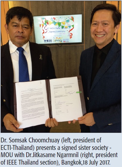 Dr. Somsak Choomchuay (left, president of ECTI-Thailand) presents a signed sister society - MOU with Dr.Jitkasame Ngarmnil (right, president of IEEE Thailand section), Bangkok,18 July 2017.