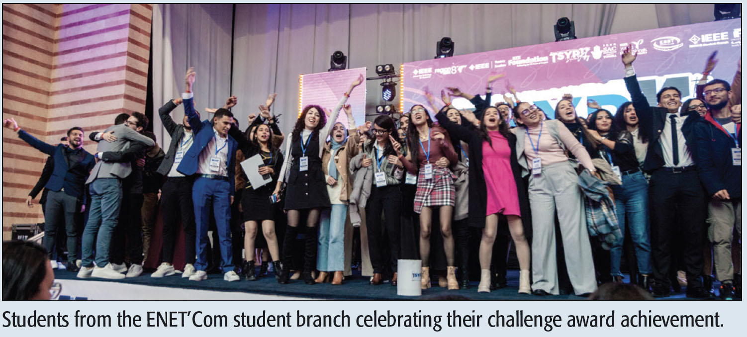 Students from the ENET’Com student branch celebrating their challenge award achievement.