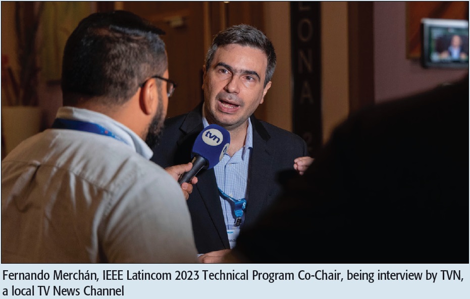 Fernando Merchán, IEEE Latincom 2023 Technical Program Co-Chair, being interview by TVN, a local TV News Channel