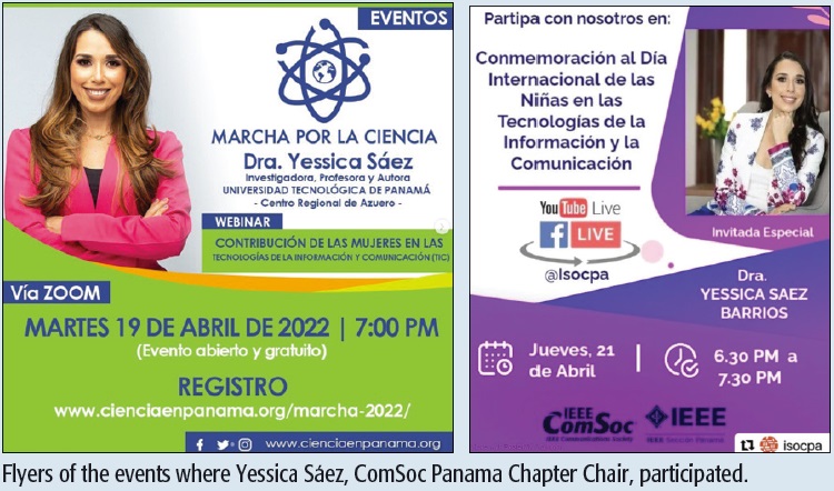 Flyers of the events where Yessica Sáez, ComSoc Panama Chapter Chair, participated.