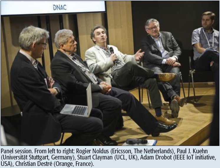 Panel session. From left to right: Rogier Noldus (Ericsson, The Netherlands), Paul J. Kuehn (Universität Stuttgart, Germany), Stuart Clayman (UCL, UK), Adam Drobot (IEEE IoT initiative, USA), Christian Destré (Orange, France).
