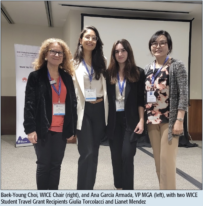 Baek-Young Choi, WICE Chair (right), and Ana García Armada, VP MGA (left), with two WICE Student Travel Grant Recipients Giulia Torcolacci and Lianet Mendez