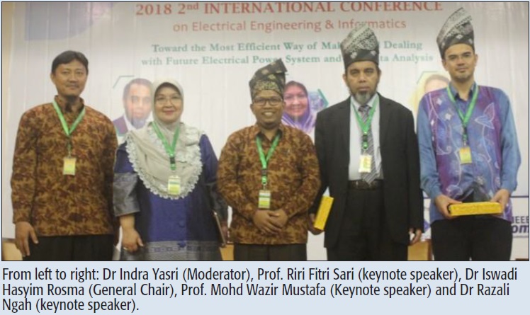 From left to right: Dr Indra Yasri (Moderator), Prof. Riri Fitri Sari (keynote speaker), Dr Iswadi Hasyim Rosma (General Chair), Prof. Mohd Wazir Mustafa (Keynote speaker) and Dr Razali Ngah (keynote speaker).