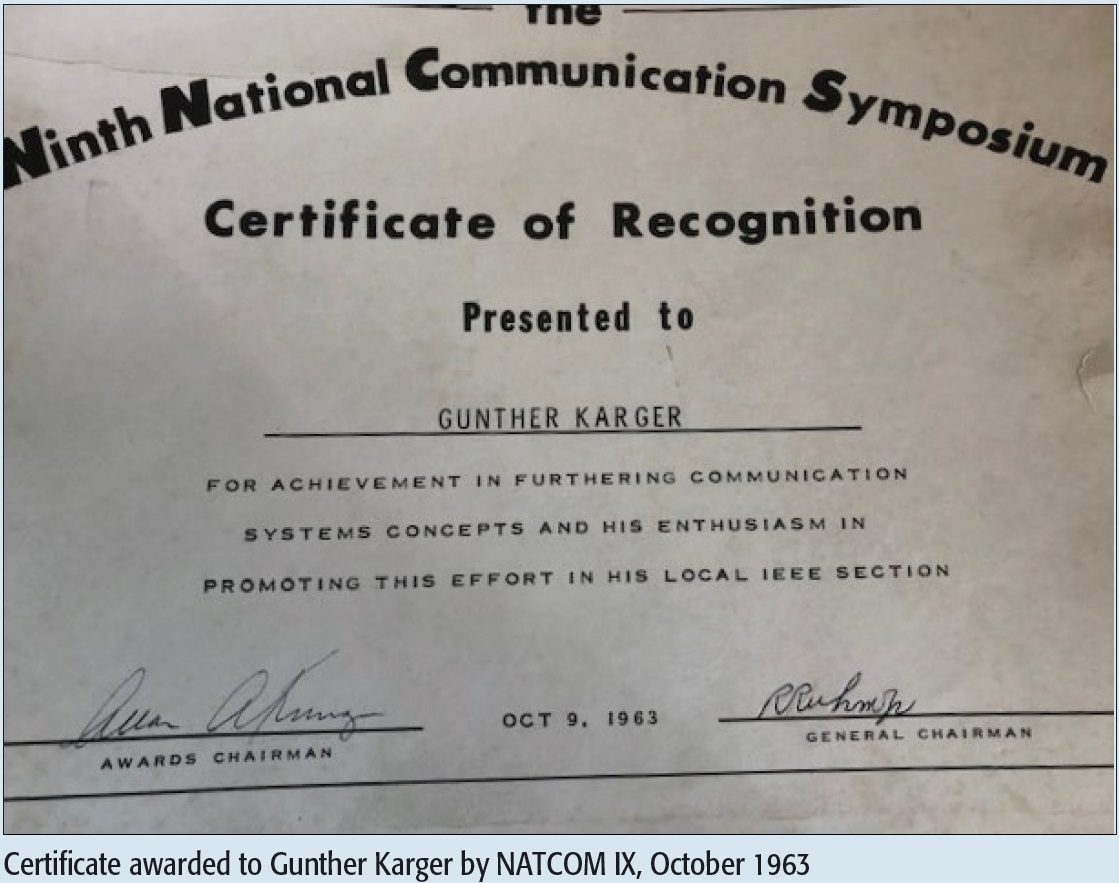 Certificate awarded to Gunther Karger by NATCOM IX, October 1963