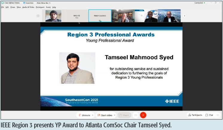 IEEE Region 3 presents YP Award to Atlanta ComSoc Chair Tamseel Syed.
