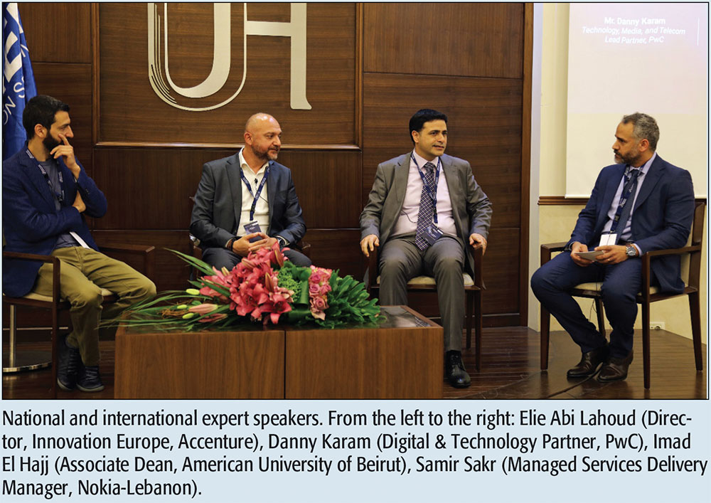 National and international expert speakers. From the left to the right: Elie Abi Lahoud (Director, Innovation Europe, Accenture), Danny Karam (Digital & Technology Partner, PwC), Imad El Hajj (Associate Dean, American University of Beirut), Samir Sakr (Managed Services Delivery Manager, Nokia-Lebanon).